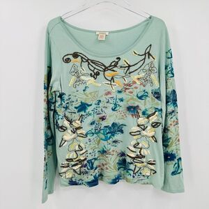 Sundance Size Small Blue Wild Flora Tee Embroidered Embellished Long Sleeve Top